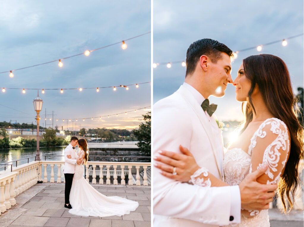 bride and groom at Cescaphe Water Works during sunset by Emily Wren Photography