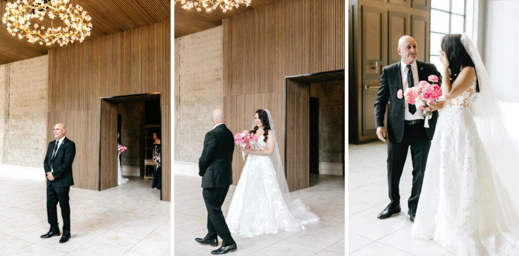 brides first look with her father at Cescaphe's the Switch House by Emily Wren Photography