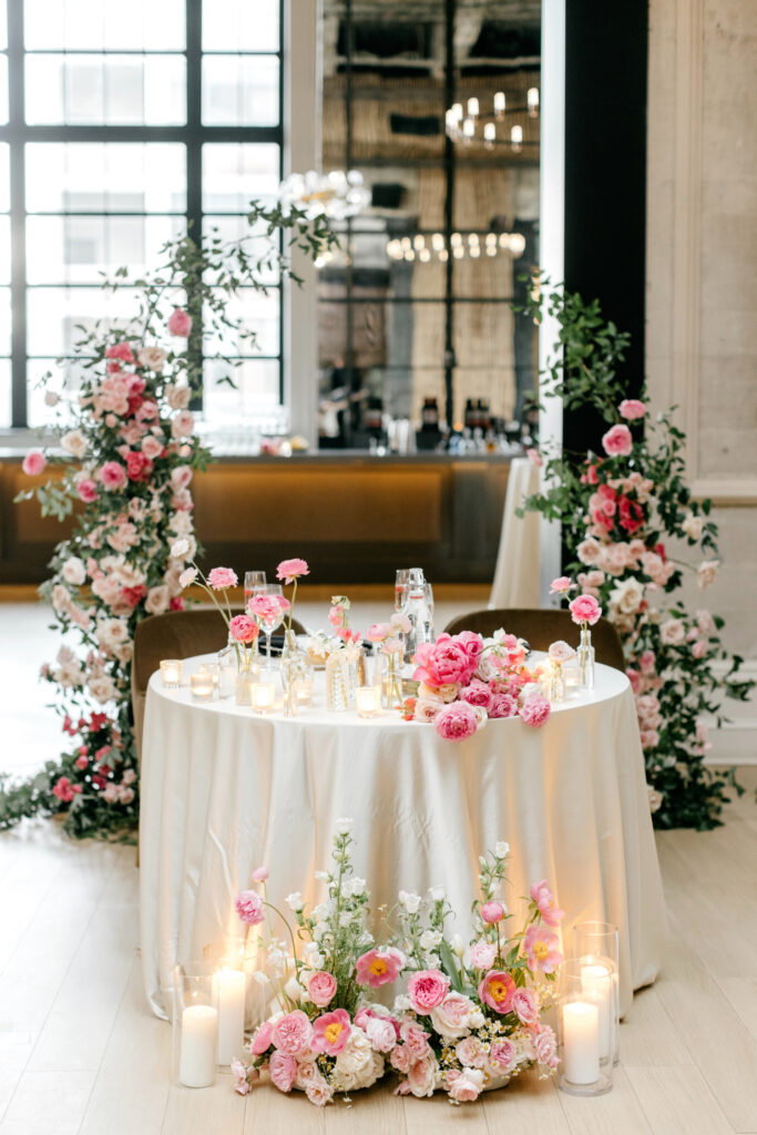 spring floral sweetheart table at Cescaphe wedding reception