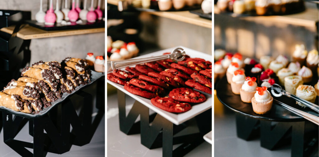 Cescaphe catering dessert bar. red velvet cookies, mini cupcakes & cannoli's