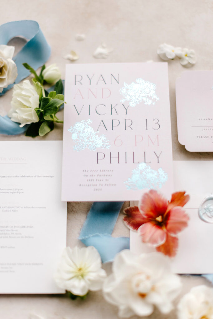 wedding invite with holographic details by Emily Wren Photography