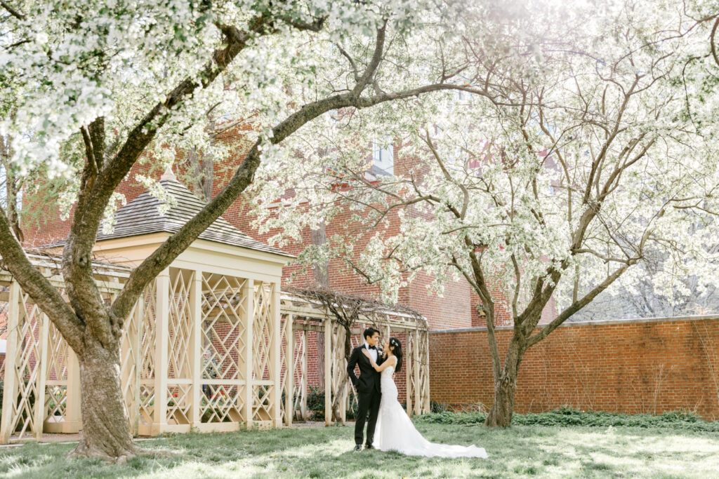 bride & groom in Old City Philadelphia 18th century garden on spring wedding day