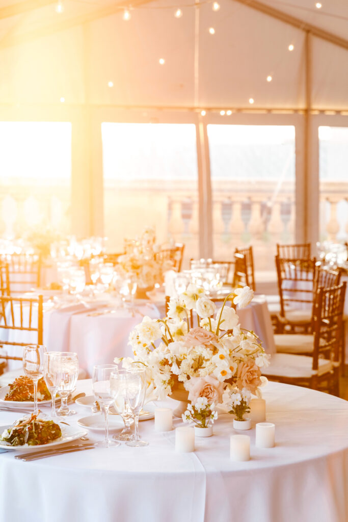 wedding reception details during golden hour rooftop wedding reception by Emily Wren Photography