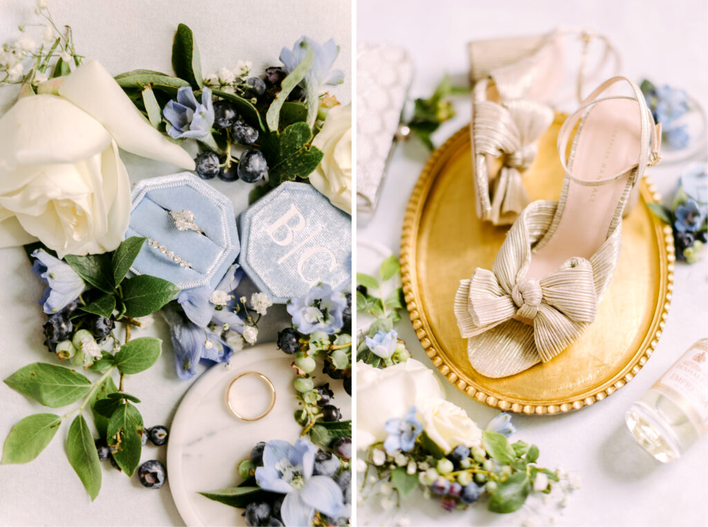 brides getting ready details in blue theme by Emily Wren Photography