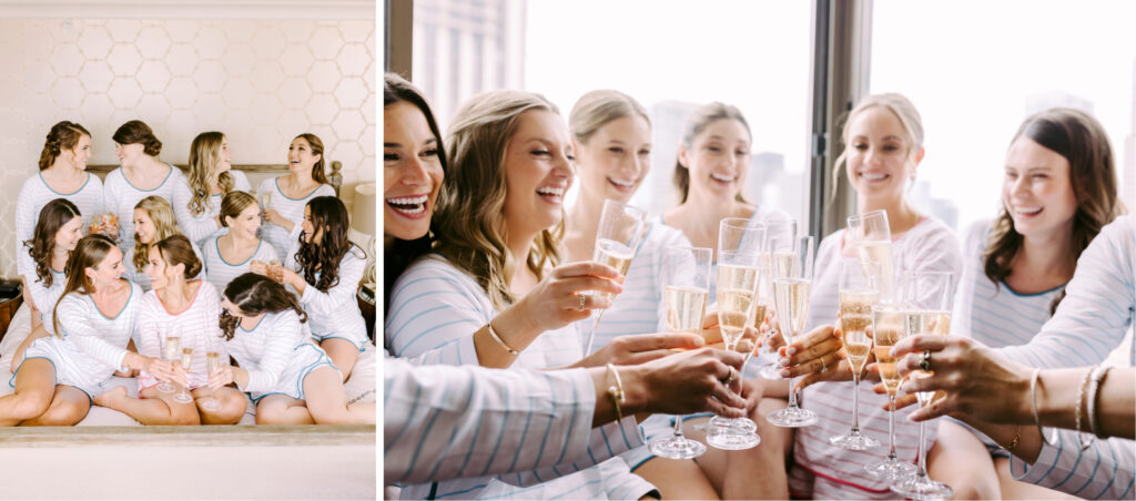 bride toasting champagne with bridesmaids in Philadelphia hotel