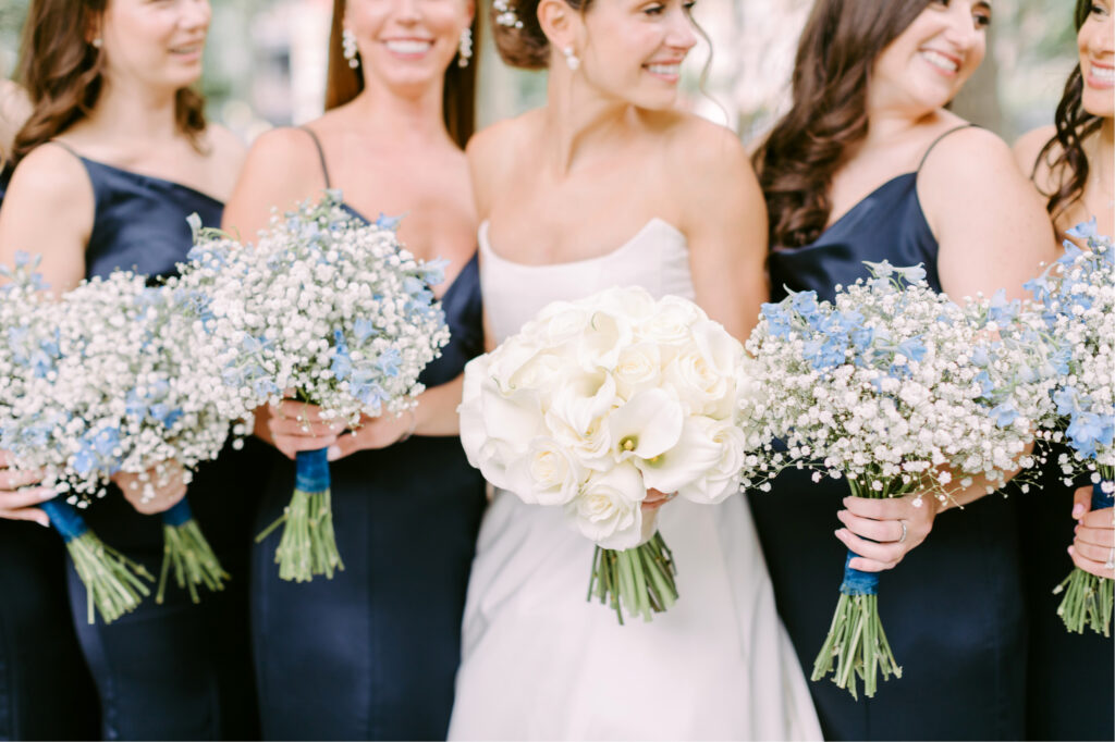 blue flowers & babies breath bridesmaid floral bouquets