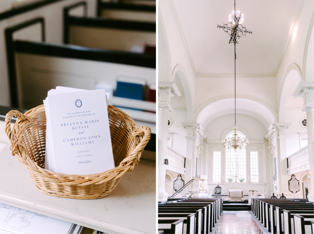 blue & white welcome programs for wedding guests at Catholic wedding ceremony