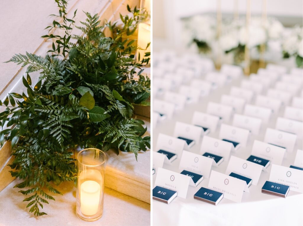 white & navy blue seating cards for Philadelphia wedding reception