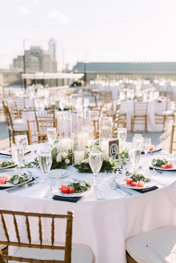 Free Library of Philadelphia rooftop wedding reception table details by Emily Wren Photography