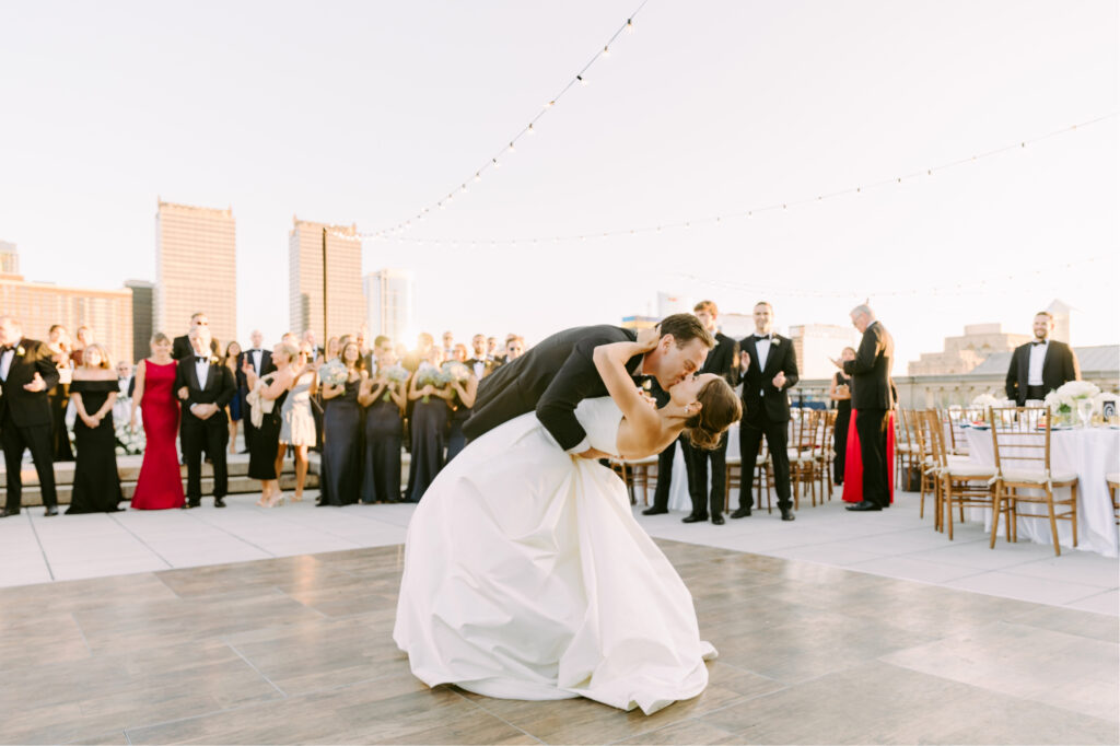 bride & grooms first dance during rooftop wedding reception at the Free Library of Philadelphia by Emily Wren Photography