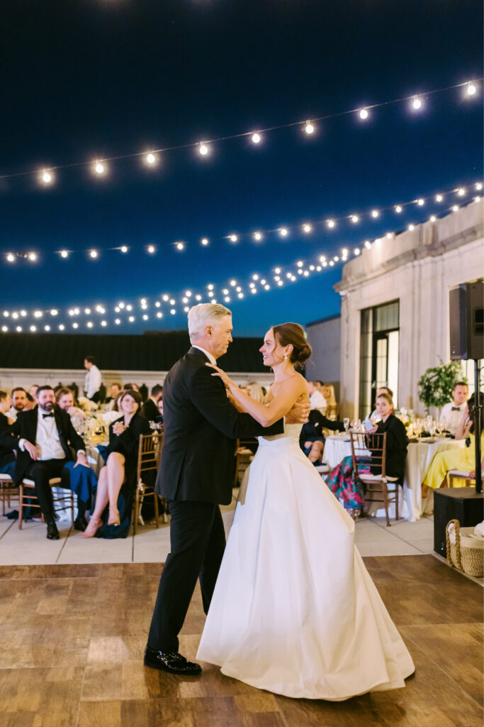 father daughter dance during outdoor summer rooftop wedding in Philadelphia