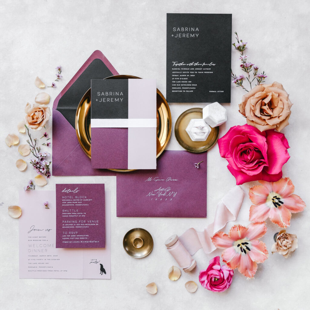 vibrant purple & black wedding invitation details for a Spring Pennsylvania wedding
