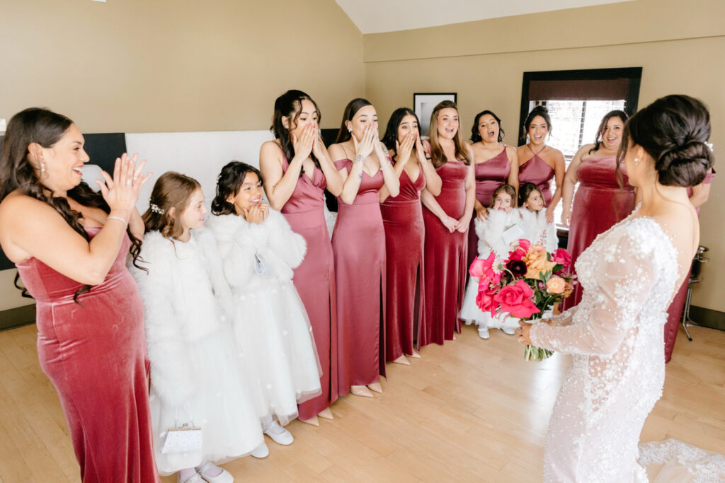 bride's first look with bridesmaids in Pennsylvania