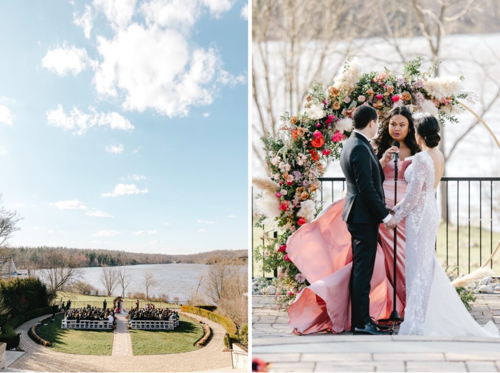 outdoor wedding ceremony by a lake in Pennsylvania by wedding photographer Emily Wren Photography