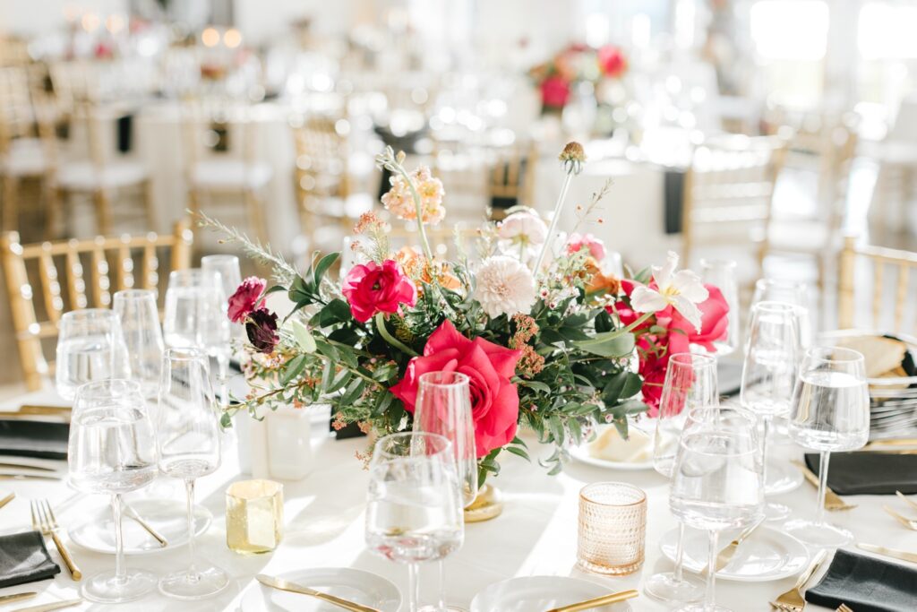 pink & fuchsia spring wedding reception floral table arrangement