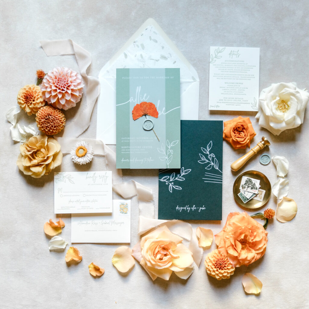 blue, orange & white wedding invitation details by Emily Wren Photography