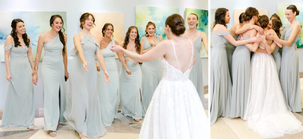 bride's first look with bridesmaids