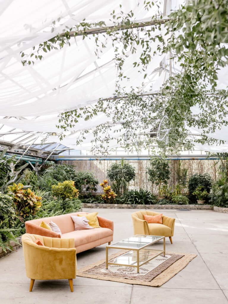 orange, mustard & pink cocktail hour lounge at Horticultural Center