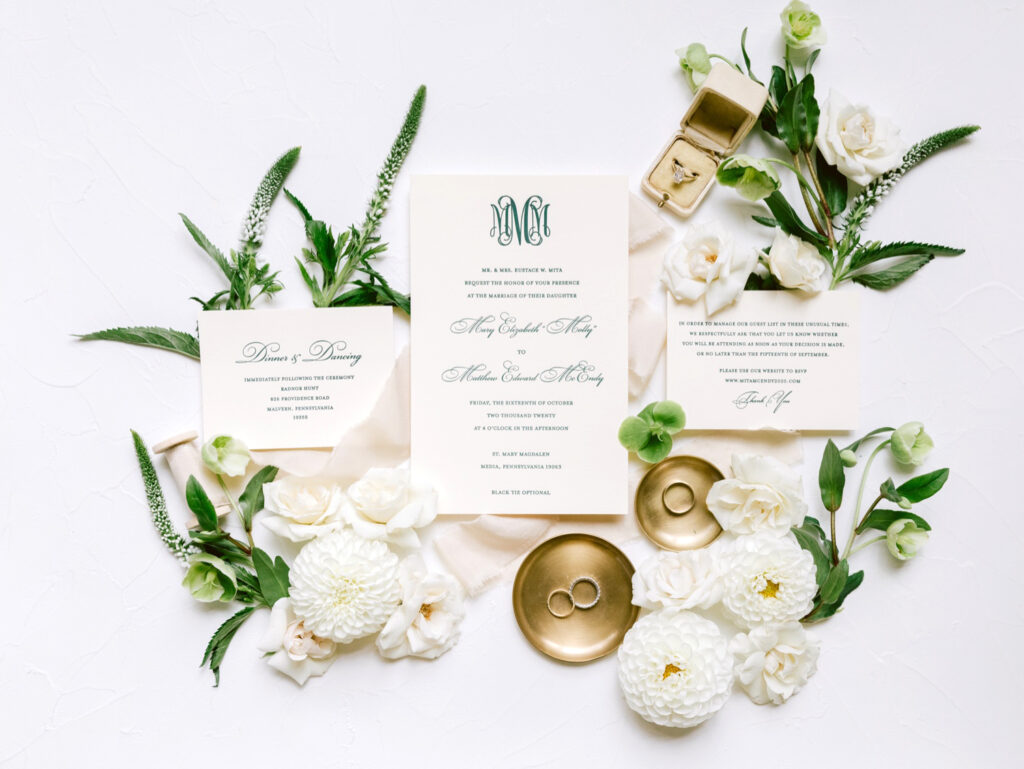 white & green wedding invitation details