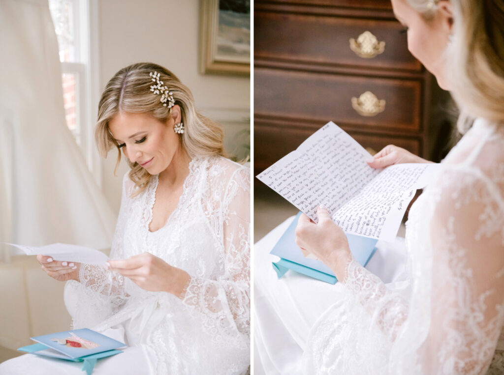 Bride reading letter from the groom by Emily Wren Photography