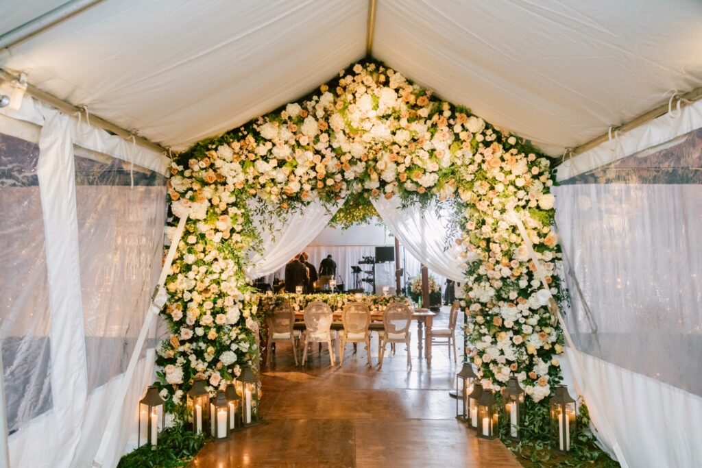 Floral arch entryway into New Jersey wedding reception