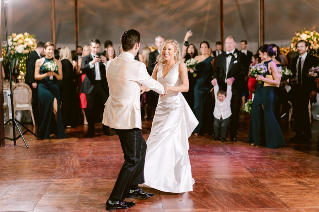 bride & groom's first dance during white tented reception in New Jersey