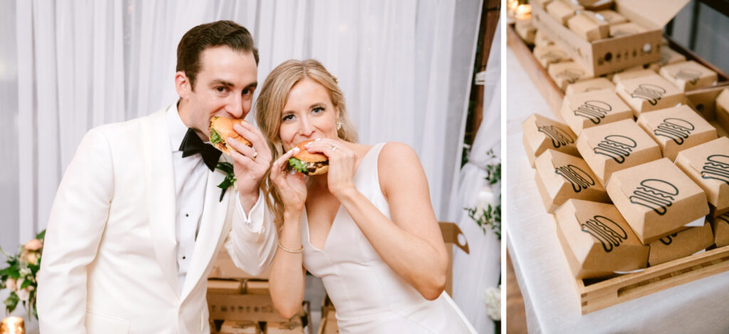 bride & groom eating catered Shake Shack at tehir wedding reception in New Jersey by Emily Wren Photography