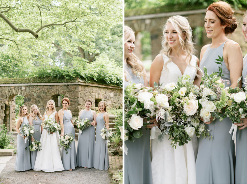 bride with her bridesmaids in sleet grey blue bridesmaid dresses