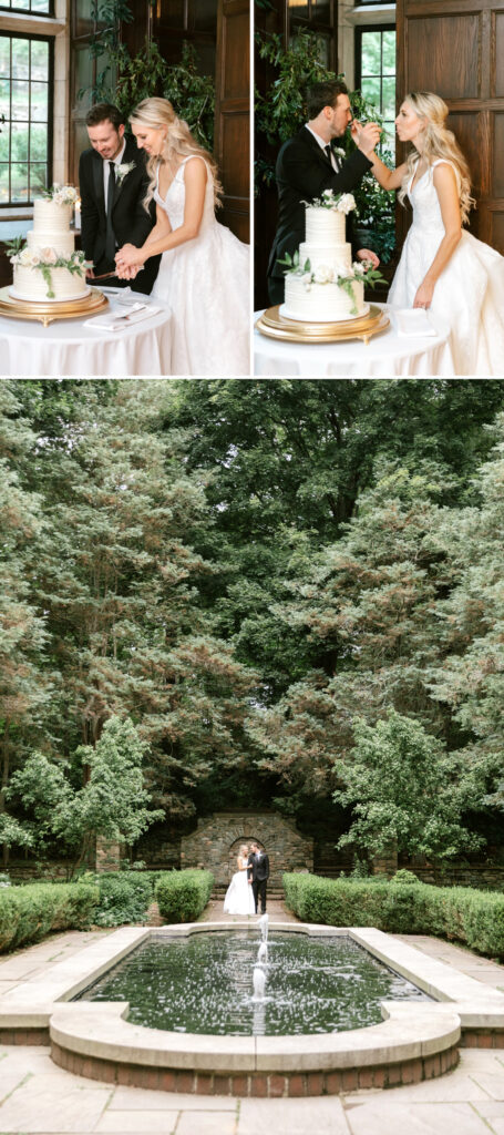 bride & groom cutting their wedding cake at summer wedding reception by Emily Wren Photography