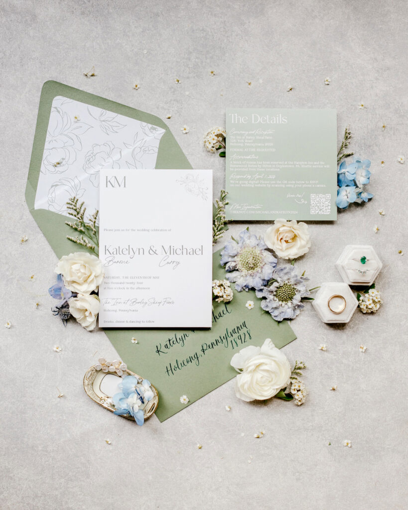 sage green wedding invitation inspiration for summer wedding by Emily Wren Photography