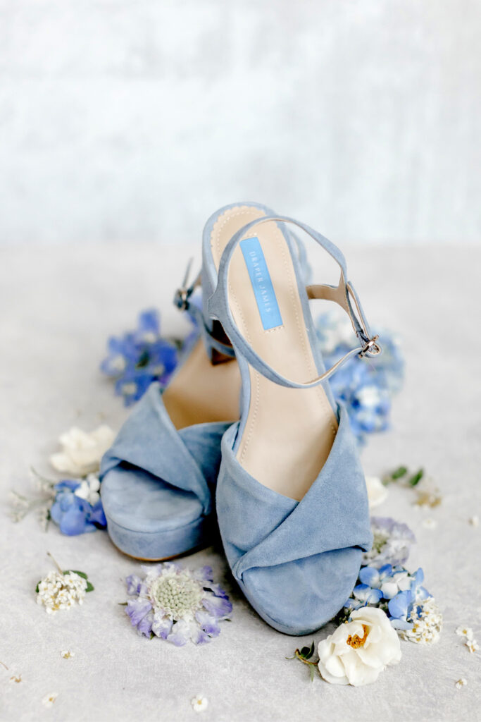 blue wedding bridal heels for summer wedding by Emily Wren Photography