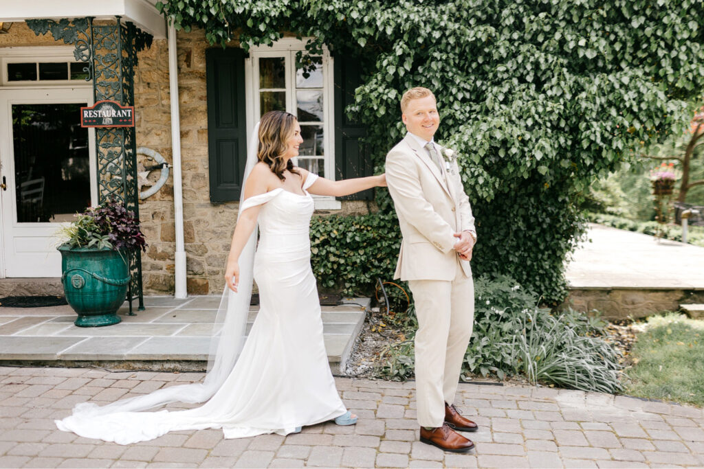 bride and groom's private first look at the inn at barley sheaf