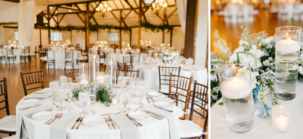 white wedding reception decor with greenery details