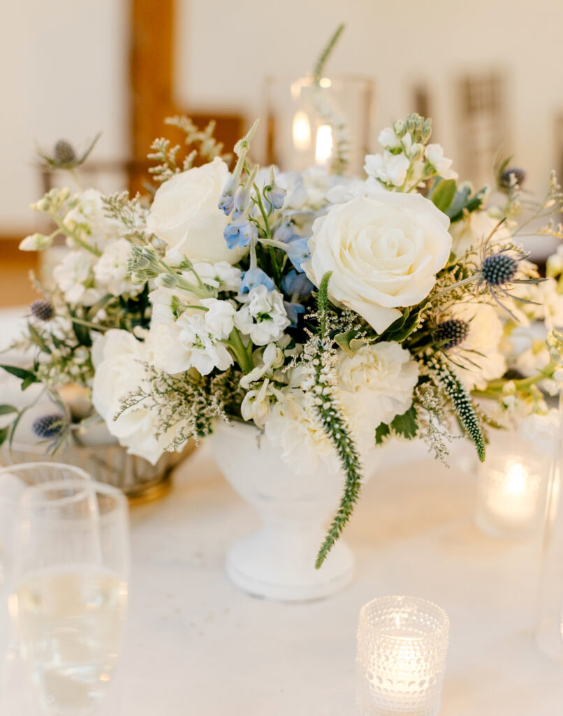 white & blue floral table centerpieces for spring wedding at The inn at Barley Sheaf