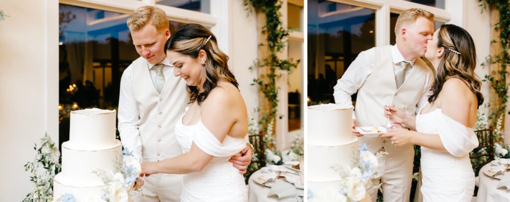 bride & groom cutting their wedding cak during the inn at barley sheaf wedding reception