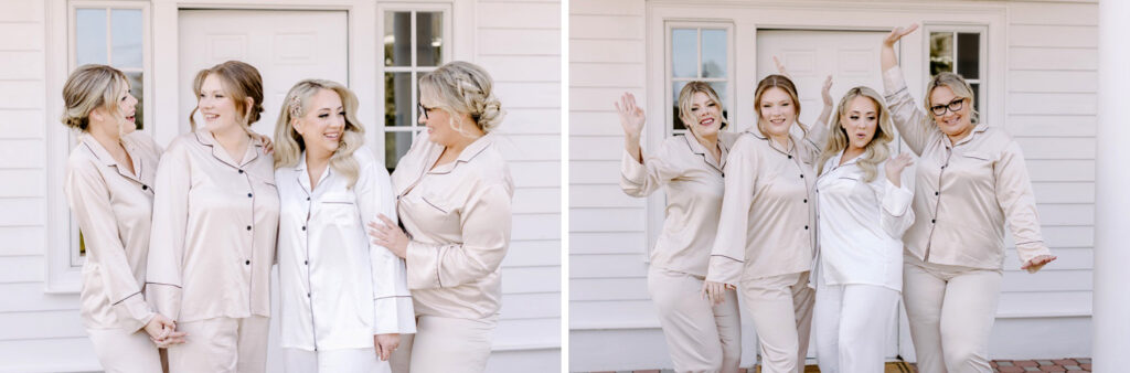 bride with her bridesmaids in matching silk pajamas