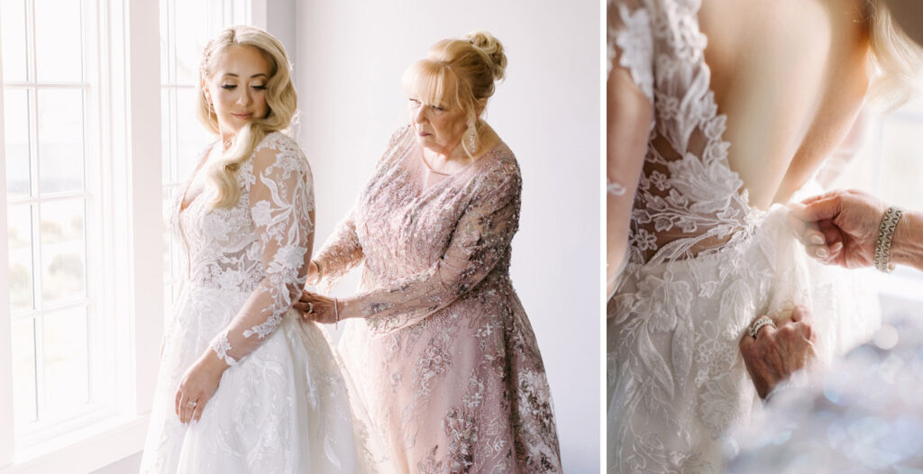 bride getting ready with her mother on her spring wedding day