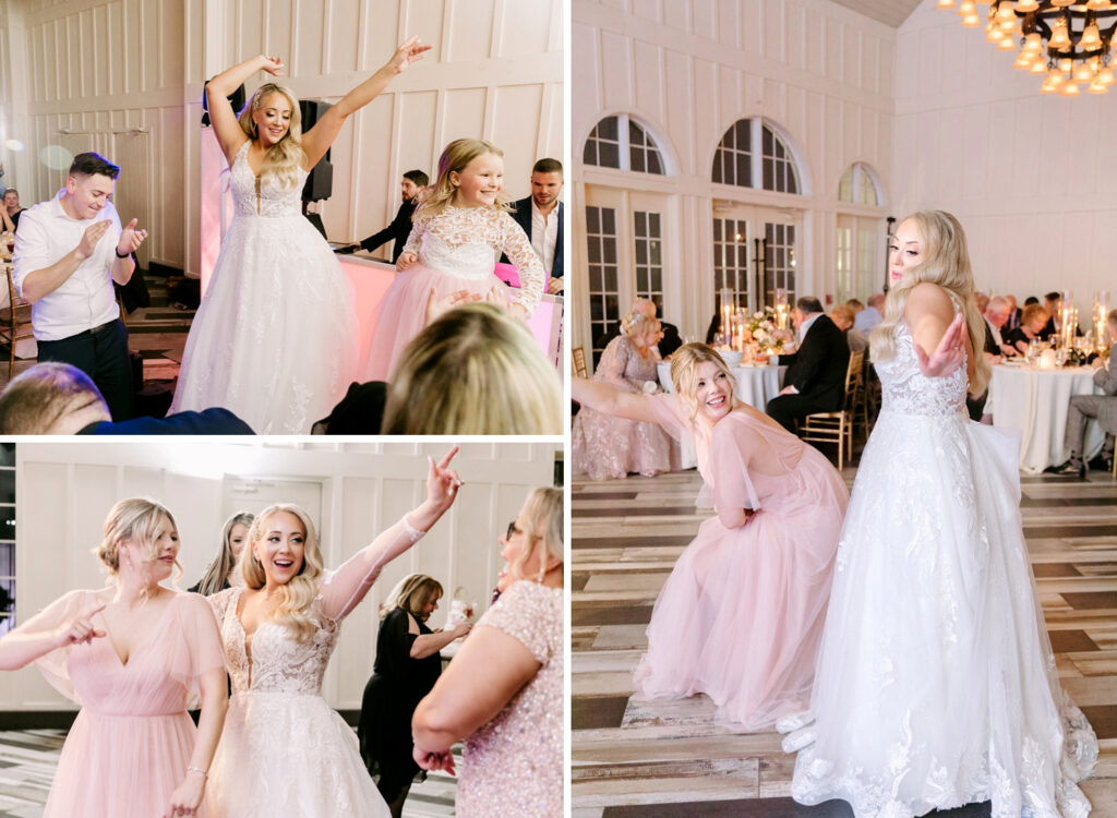 bride having fun at her Spring wedding reception at the Ryland Inn