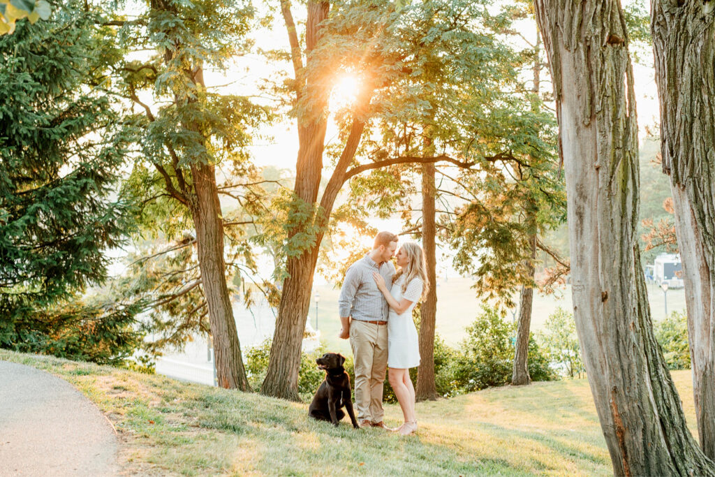 golden hour engagement photos with dog by Philadelphia engagement photographer Emily Wren Photography