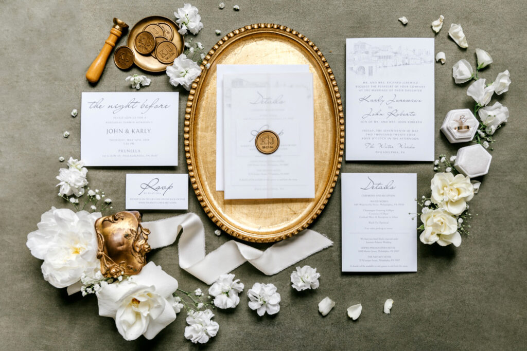 white & gold wedding invitations details by Emily Wren Photography