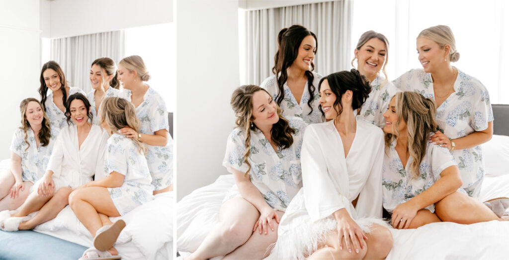 bride with her bridesmaids in matching pajamas