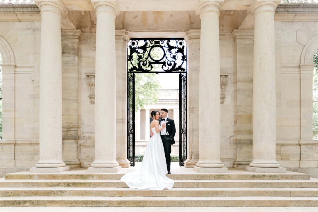 bride & groom at the Rodin Museum on Philadelphia summer wedding day