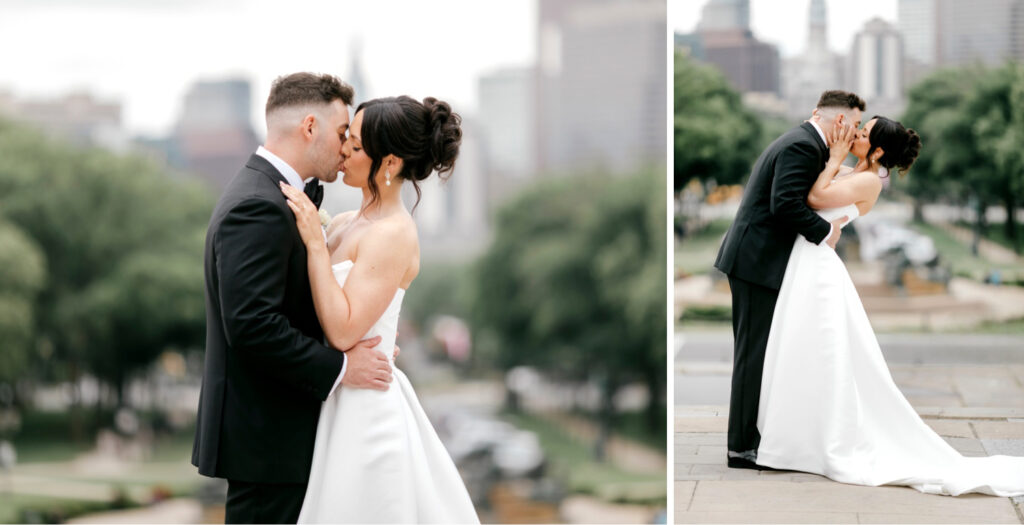 bride & groom kissing in front of Philly city skyline by Emily Wren Photography