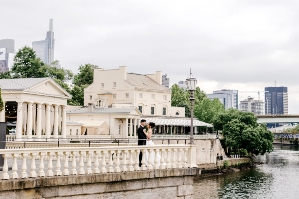 Bride & groom at Philadelphia Cescaphe water works