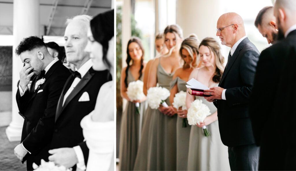 groom crying as his bride walks down the aisle at Water Works by Emily Wren Photography