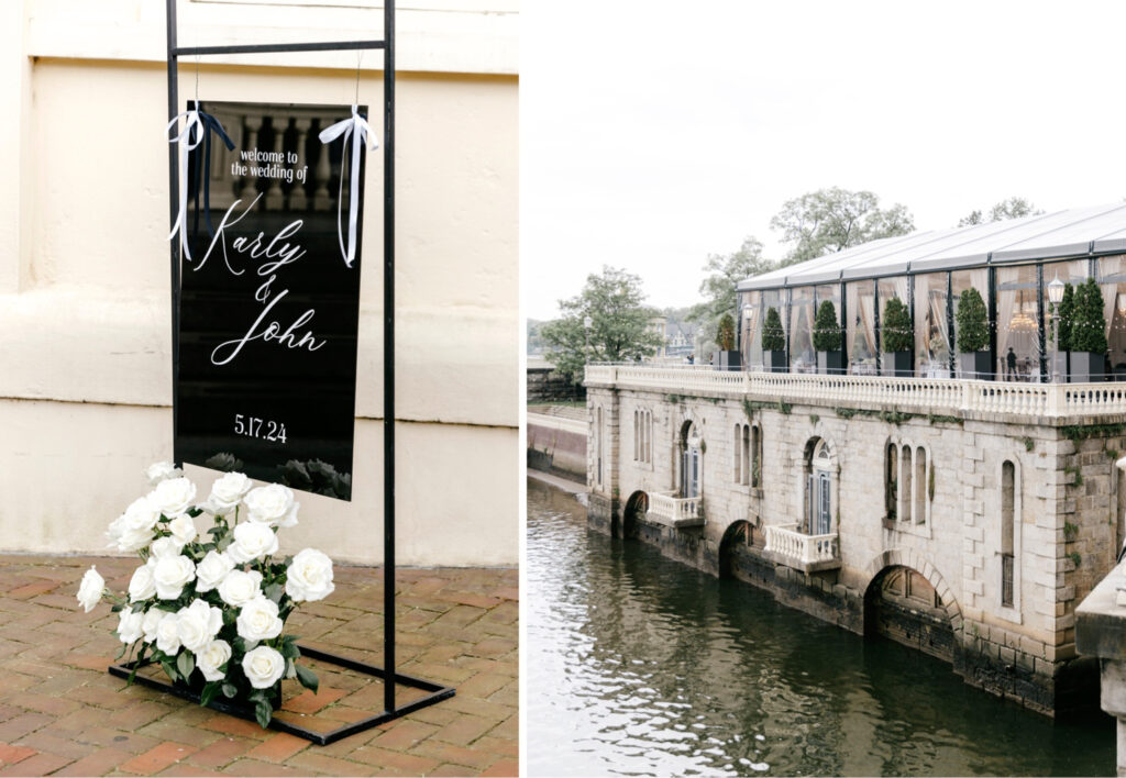 sleek black & white hanging welcome sign for Philadelphia wedding reception