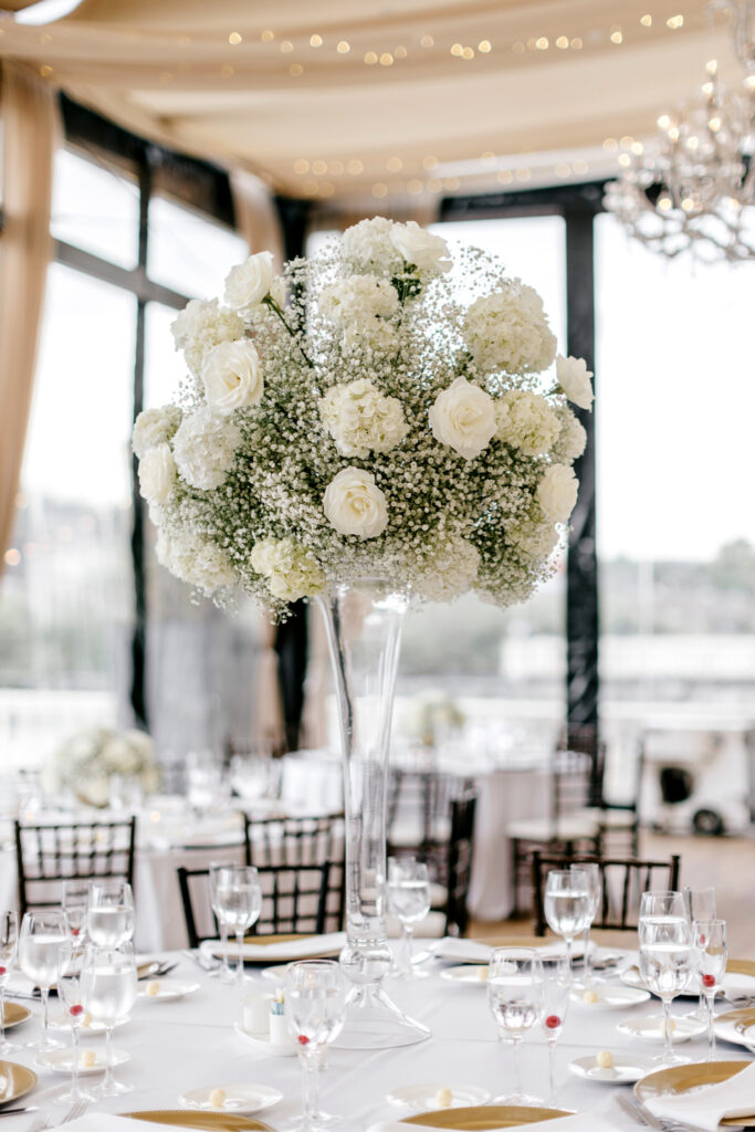 white flowers & babies breath floral table centerpieces