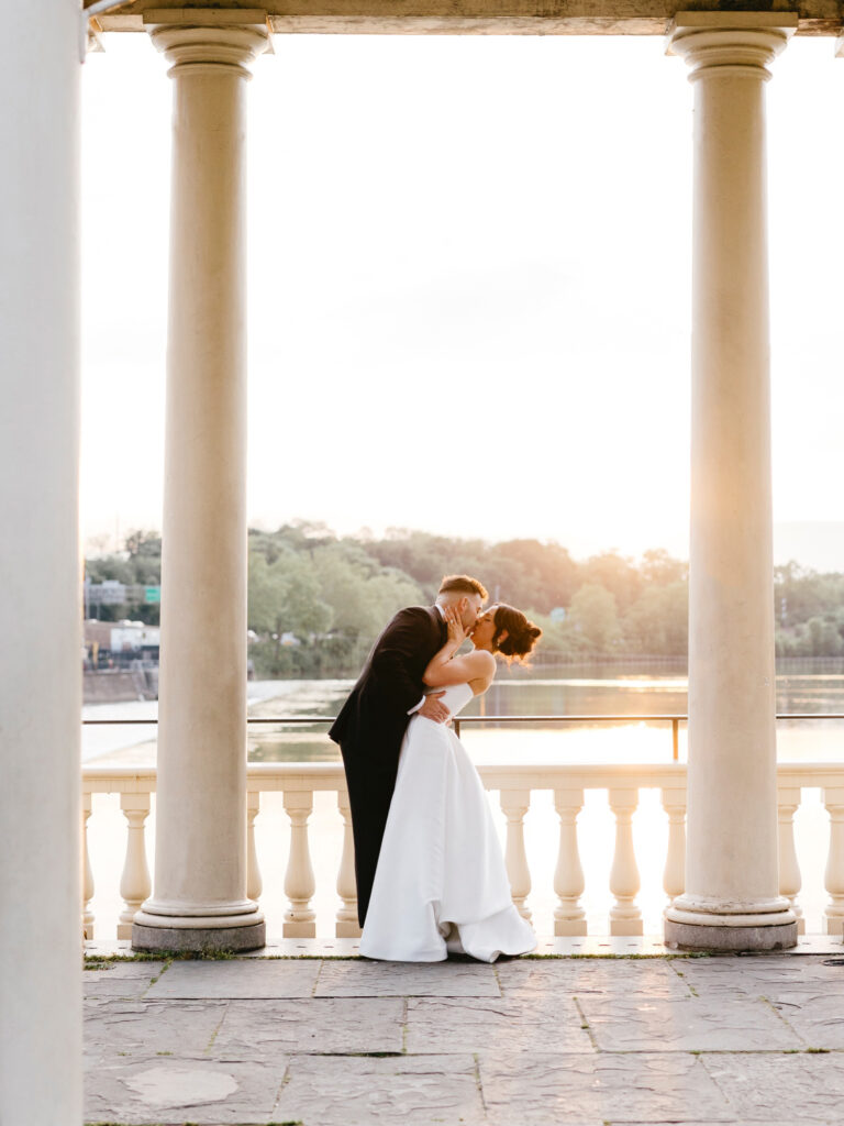 golden hour portrait of Bride & groom at Philadelphia Water Works by Emily Wren Photography