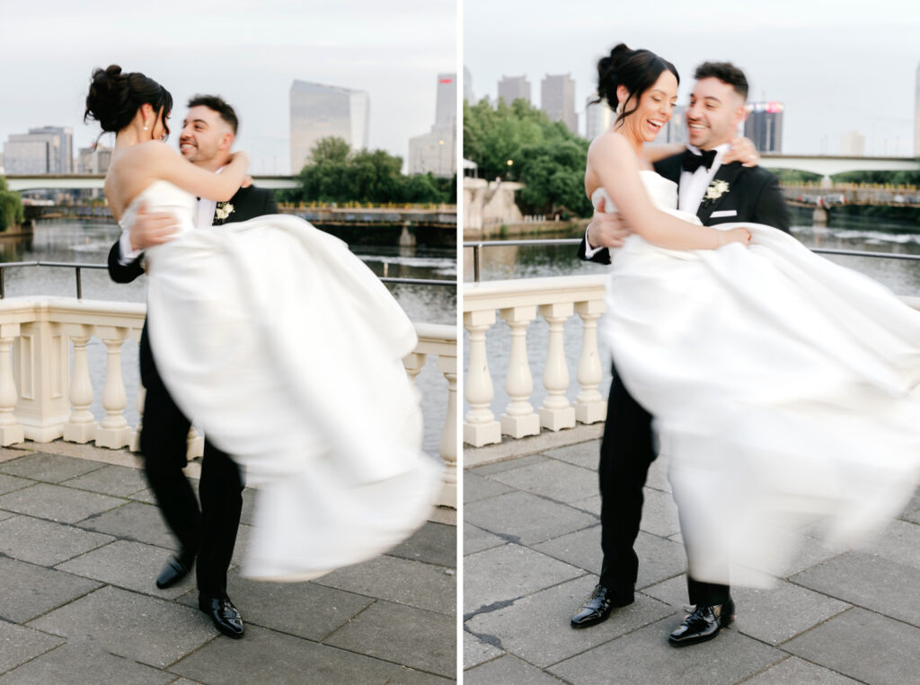 bride & groom dancing during sunset at Philadelphia Water Works