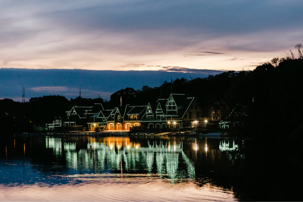 Boathouse row at sunset, view from Water Works wedding reception